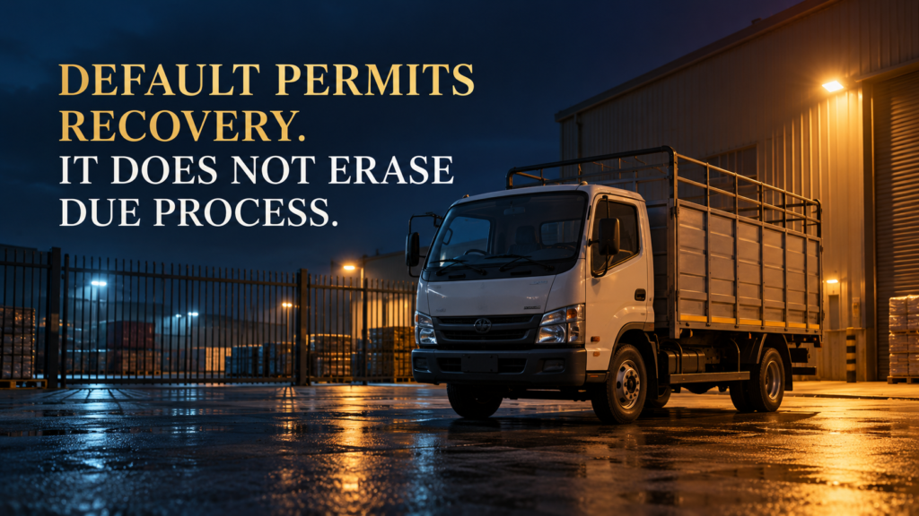 Commercial truck at night illustrating the legal boundary between contractual repossession and unlawful seizure.